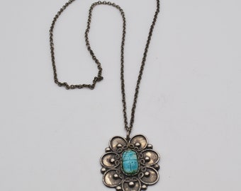 Vintage Silver & Aqua Blue Large Pendant Necklace