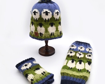 Pure Knitted Wool Farmyard Frolics Sheep Hat With Matching Legwarmers & Gloves Gift Set