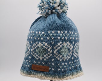 Pure Wool Scandinavian Blue Knitted Pom Pom Hat/Fleece Lined