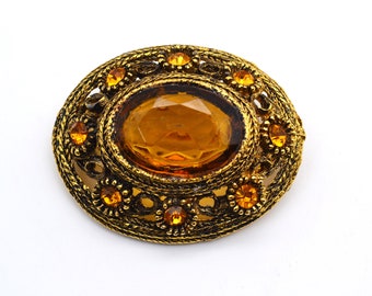 Vintage Gold Tone Large Citrine Glass Decorative Pin Brooch