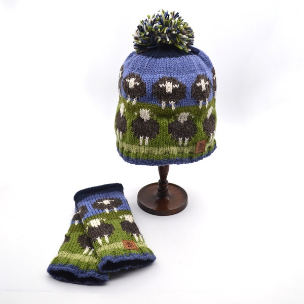 Ensemble-cadeau bonnet Herdwick en pure laine et gants assortis