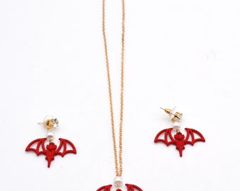 Vintage 80's Horror Retro Red Devil Bat Pearl & Gold Tone Costume Jewellery Necklace And Earring Set