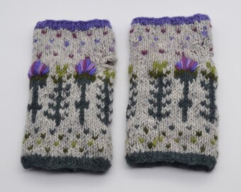 Pure Wool Knitted Thistle Gloves/Fingerless/Fleece Lined