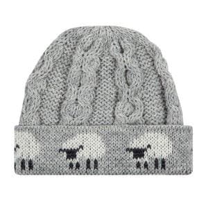 May include: Gray knitted beanie with a cable knit pattern and a white sheep design on the cuff.