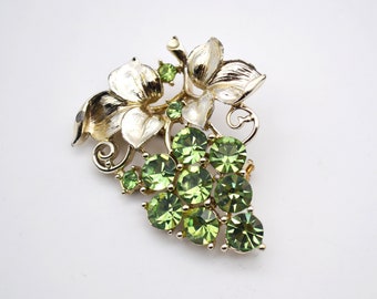 Vintage Gold Leaf & Green Crystal Vineyard Grapes French Province Wine Brooch