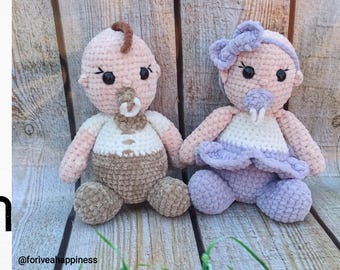 Haakpatroon voor een baby, tutorial voor een amigurumi pluche baby, haakpatroon voor een knuffelpop, Engels patroon in PDF-formaat, makkelijk en snel te haken babyspeelgoed voor kinderen