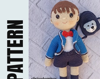 Crochet boy doll PATTERN amigurumi doll Pattern in a school outfit crochet Pattern PDF (English)