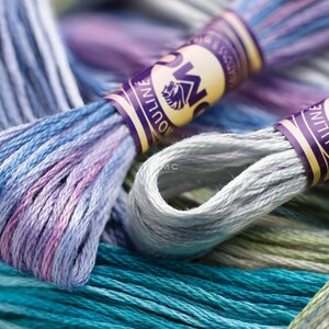 May include: Close-up of several spools of DMC embroidery floss in shades of blue, green, and purple. The spools are labeled "Mouline" and feature a lion logo.