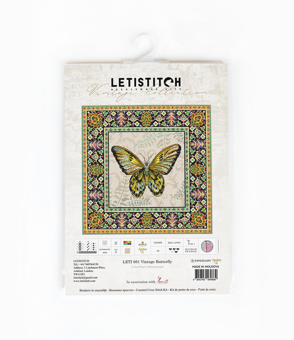 Letistitch Kreuzstich-Set Vintage Schmetterling - 25x25 Cm, Inkl. Stoff, Garn & Nadel