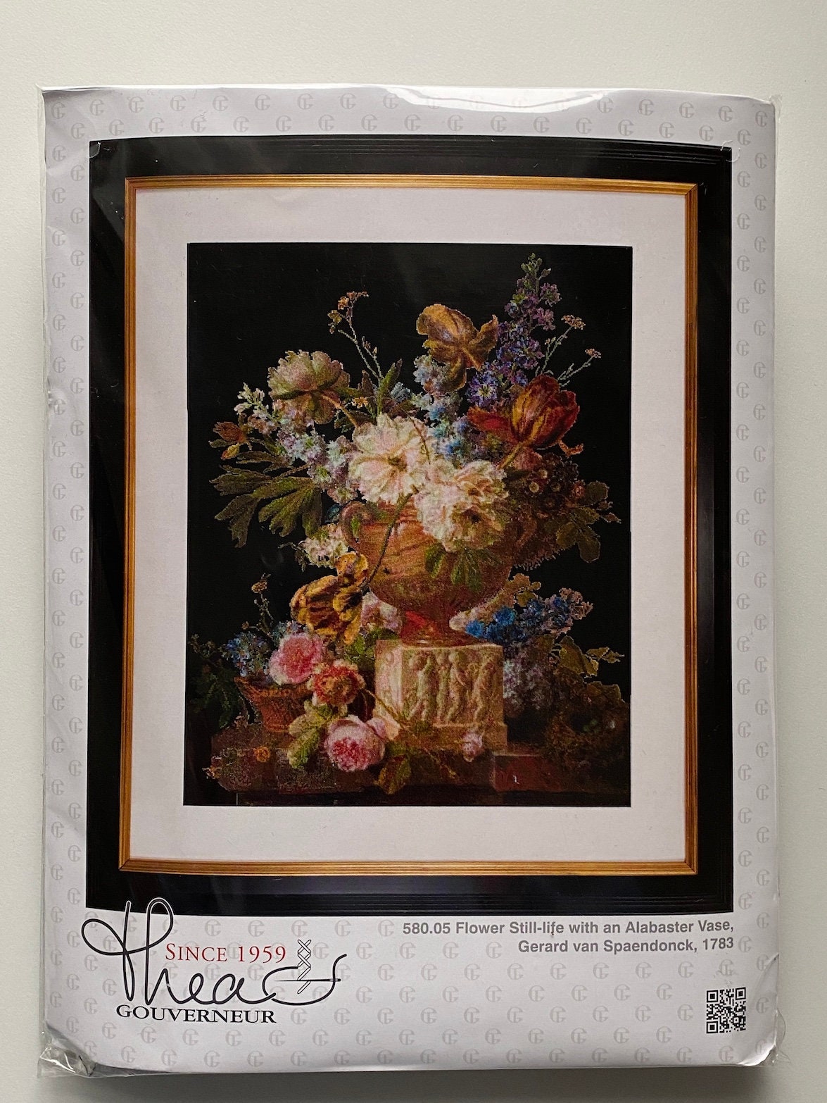 Kit Punto Croce Thea Gouverneur - Natura Morta Con Fiori, Tela Aida Nera 18 Punti, Fili DMC Inclusi