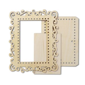 May include: A wooden frame with a decorative, ornate design. The frame is made of unfinished wood and has a rectangular shape. The frame is perfect for adding a touch of elegance to any home decor.