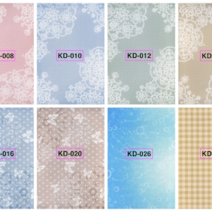 Könnte beinhalten: Eine Sammlung von acht digitalen Papiermustern mit verschiedenen Designs, darunter Spitze, Punkte und Gingham. Die Muster sind in Blautönen, Rosa und Beige.