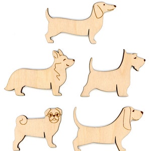 May include: Set of five wooden dog cutouts in various breeds, including a dachshund, corgi, terrier, pug, and basset hound. The cutouts are unpainted and have a natural wood finish.