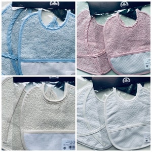 DMC / 0~3 Months Bib - Towel Blue-Pink-Ivory-White with Ready-to-Stitch White Aida 14ct / RS1422-1423-1424-1425 / Made in Italy