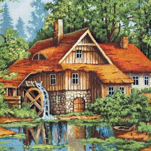 May include: A painting of a rustic wooden watermill with a red roof, a water wheel, and a small stream in front. The mill is surrounded by lush green trees and a pond with a reflection of the mill.