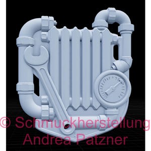 May include: A light blue, stylized 3D rendering of a radiator with pipes, a wrench, and a pressure gauge. The text "Schmuckherstellung Andrea Patzner" is at the bottom. The design has a steampunk aesthetic.