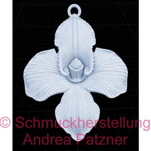 May include: A white, orchid-shaped pendant with a loop at the top for hanging. The pendant features detailed petal and floral structure. The background is a black grid. The text "© Schmuckherstellung Andrea Patzner" is in the lower left corner.