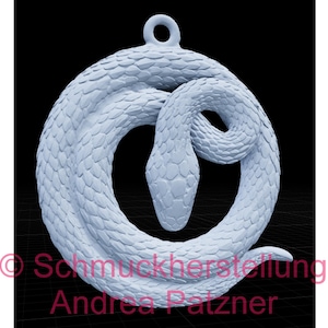 May include: A light-coloured, 3D-rendered pendant shaped like a coiled snake. The snake's head is central, with a loop at the top for hanging. The snake's body is textured with scales. The background is black.