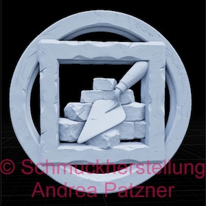 May include: A light blue, circular emblem featuring a square frame with a stack of bricks and a trowel. The emblem is surrounded by a circular border. The text "© Schmuckherstellung Andrea Patzner" is at the bottom.
