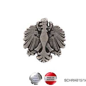 Könnte beinhalten: Ein silberfarbener Metallstift mit einer detaillierten Darstellung eines Doppeladlers, einem Symbol Österreichs. Der Stift hat einen Vintage-Look und ist vor einem weißen Hintergrund platziert. Der Text "real silver plated" ist sichtbar.