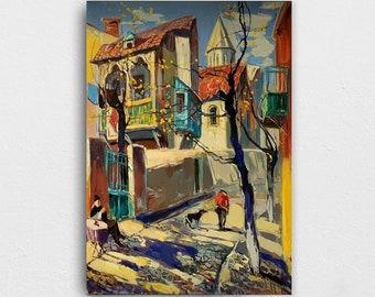 Canvas Wall Decor of old city, Painting of old street, Old houses and church wall art, Armenian artist, Old house print, Canvas printing