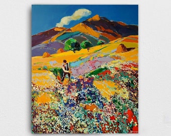 Landscape painting countryside, Flower field print, Landscape print, Armenian Painting, Wall Decor, Printed Wall Art