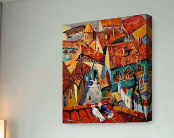 Canvas Wall Decor of old city, Painting of old houses and church, Pigeons print, Armenian artist, Red and orange printed painting