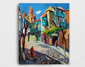 Canvas Wall Decor of old city, Painting of old street, Old houses and church wall art, Armenian artist, Old house print, Canvas printing