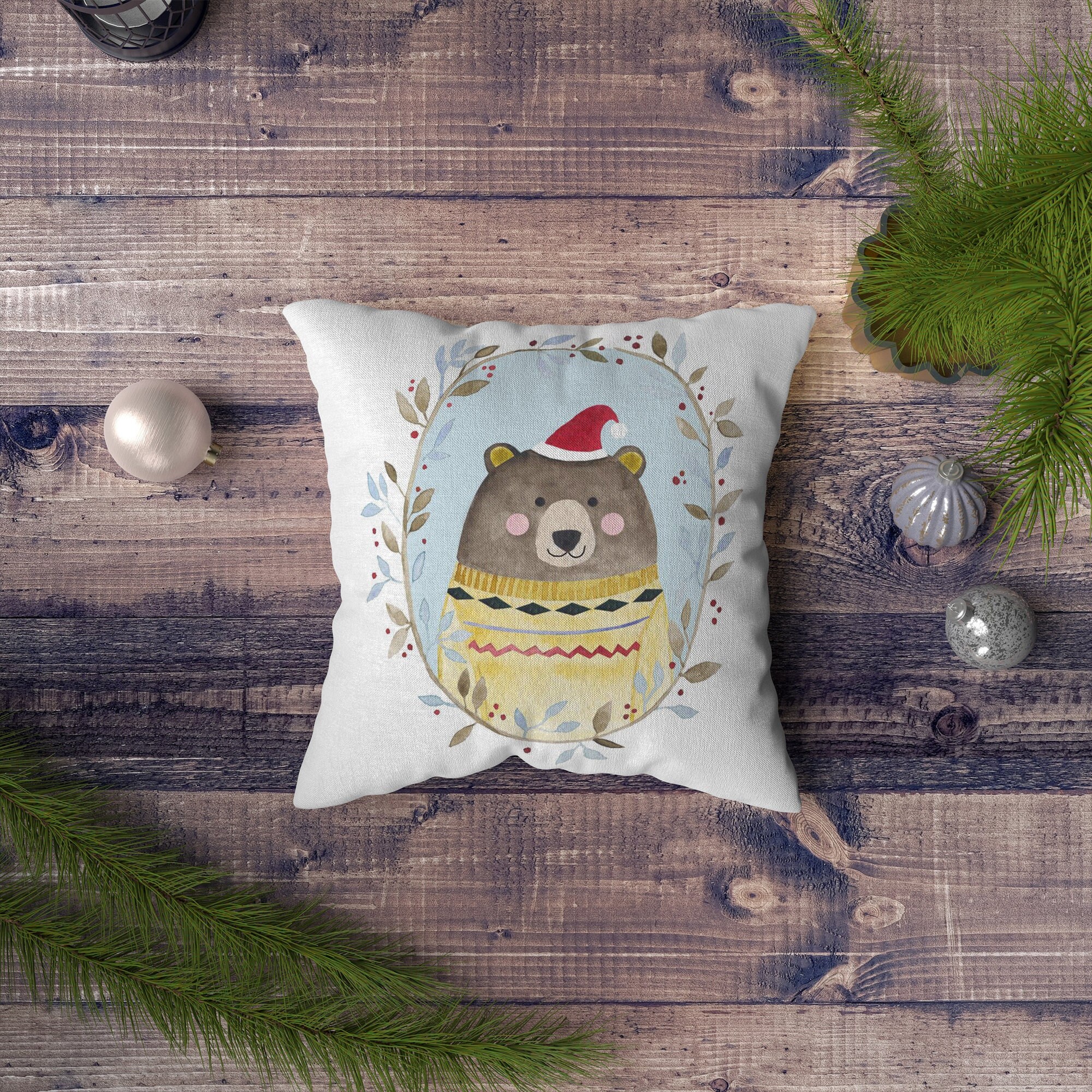 Christmas Pillow With Bear New Year Throw Pillow Holiday Etsy
