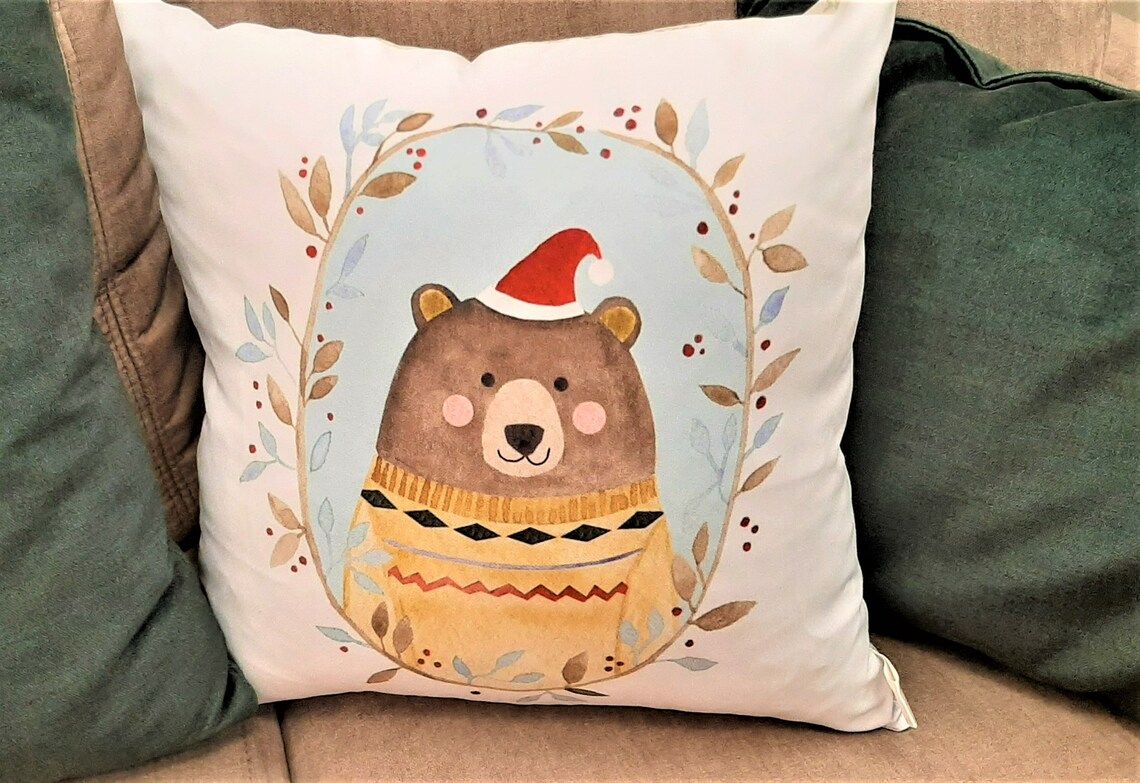 Christmas Pillow With Bear New Year Throw Pillow Holiday Etsy