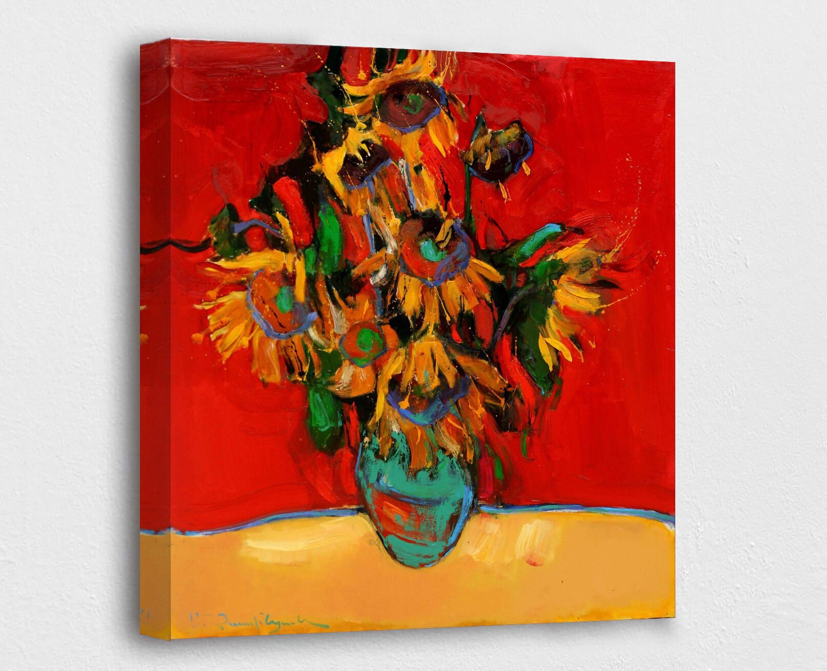 Sunflower Bouquet Painting, Sunflower Wall Art, Printed Red Floral