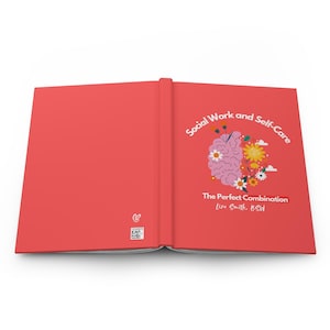 Puede incluir: Un libro rojo con el título "Social Work and Self-Care: The Perfect Combination" de Liza Smith, BSW. La portada presenta un cerebro rosa con flores y nubes.