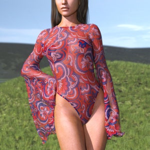 Bell Sleeve Mesh Bodysuit, Hippie Disco Bodysuit, Retro Boho Bodysuit, Bare Back Hippie Leotard, Hipster Bodysuit, Festival Hippie Bodysuit