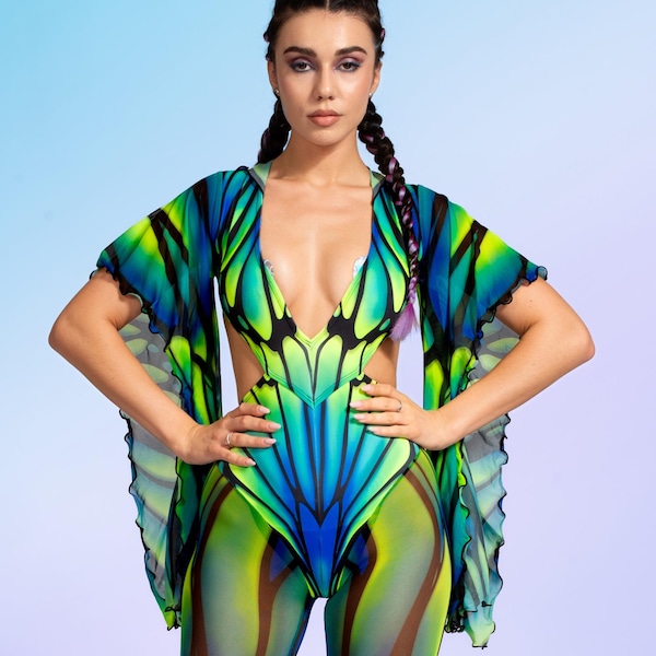 Hooded Fairy Costume: UV Neon Rave Festival Outfit