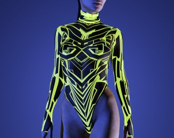 Body con set di luce UV, body al neon, body trasparente, body festival in rete, body cutout festival, body rave trasparente