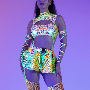 Zestaw Rave w neonowy wzór dla kobiet – Psy Festival Clothing, strój do tańca