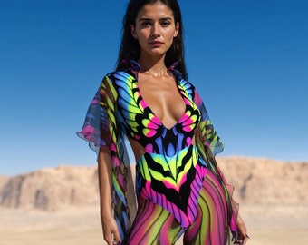 UV-lichtoutfit, Festivalkostuum, Feekostuum met capuchon, UV-neonkleding, Dameskostuum, Festivalvrouwkleding, Rave Festivalkleding