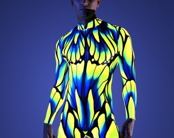 Costume uomo luce UV, costume uomo performance, costume uomo neon, costumi festival uomo, body rave uomo, body festival, vestito rave