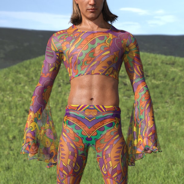 Tenue de style hippie, tenue en maille hippie transparente, ensemble trippy masculin en maille, ensemble masculin boho floral, tenue hippie disco, tenue hippie bohème