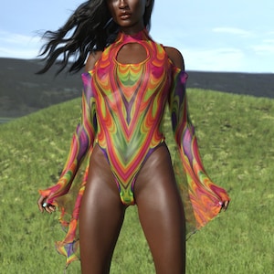 Bell Sleeve Mesh Bodysuit, Hippie Disco Bodysuit, Retro Boho Bodysuit, Teardrop Hippie Bodysuit, Boho Bodysuit, Psychedelic Hippie Bodysuit