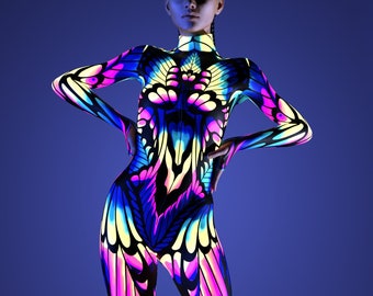 Neon Kostüm, UV-Licht-Set Kostüm, Rave Bodysuit Frau, Performance Kostüm Frau, Festival Bodysuit, Festival Outfit, Rave Outfit Frau