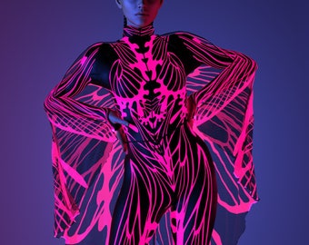 Trajes de festival de neón rosa para mujeres, traje a juego rave, traje de araña de luz UV, traje de festival para mujeres, traje de fiesta rave para mujeres