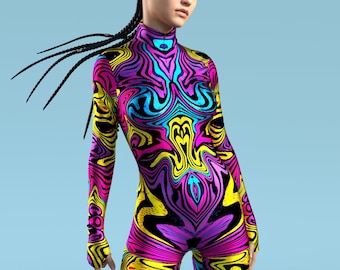 Aerial Costume, Festival Clothing Women, Rave Outfit Women, Rave Bodysuit Black, Psychedelic Clothing, Sexy Adult Costume, Spandex Catsuit