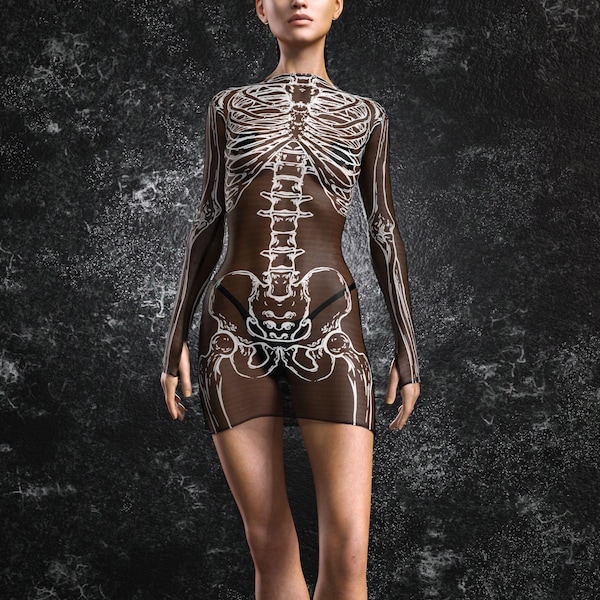 Womens Mesh Halloween Short Dress, Sheer Halloween Dress For Women, See Trough Halloween Dress For Women, Skeleton Halloween Dress For Women