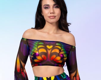 Off Shoulder Crop Top, Mesh Pride Top, Woman Mesh Top, Pride Outfit, Festival Outfit Wear, Pride Wear, Rainbow Clothing, Pride Woman Top