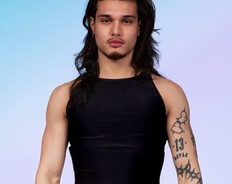 Black Male Halter Rave Top – Men’s Festival Outfit, Techno Clubwear, Cyber Rave Streetwear Clothing
