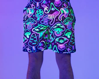 UV Reactive Psychedelic Rave Shorts for Men– Psytrance Festival Clothing Bottom, Neon EDM Dancewear