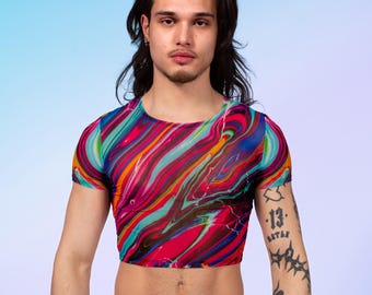 Trippy Swirl Men's Crop Top – Psychedelic Festival Rave Clothing, EDM Dancewear, Techno Club Party Style