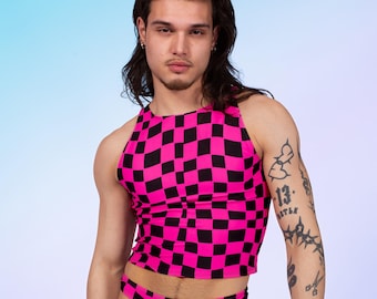 Pink Checkerboard Male Halter Top – Festival Rave Clothing for Men, Harlequin EDM Dancewear, Techno Club Party Outfit