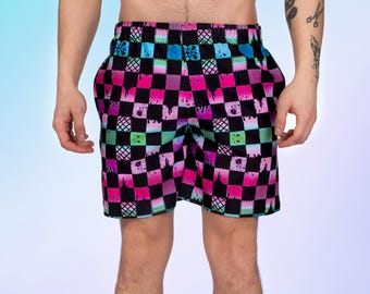 Pink Checkerboard Men's Rave Shorts – Festival Techno Clothing Bottom, Harlequin EDM Dancewear, Club Party Outfit